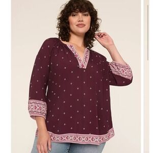Lane Bryant Bohemian Peasant Top Purple Pink Border Print Rayon Plus 22 24 NWT